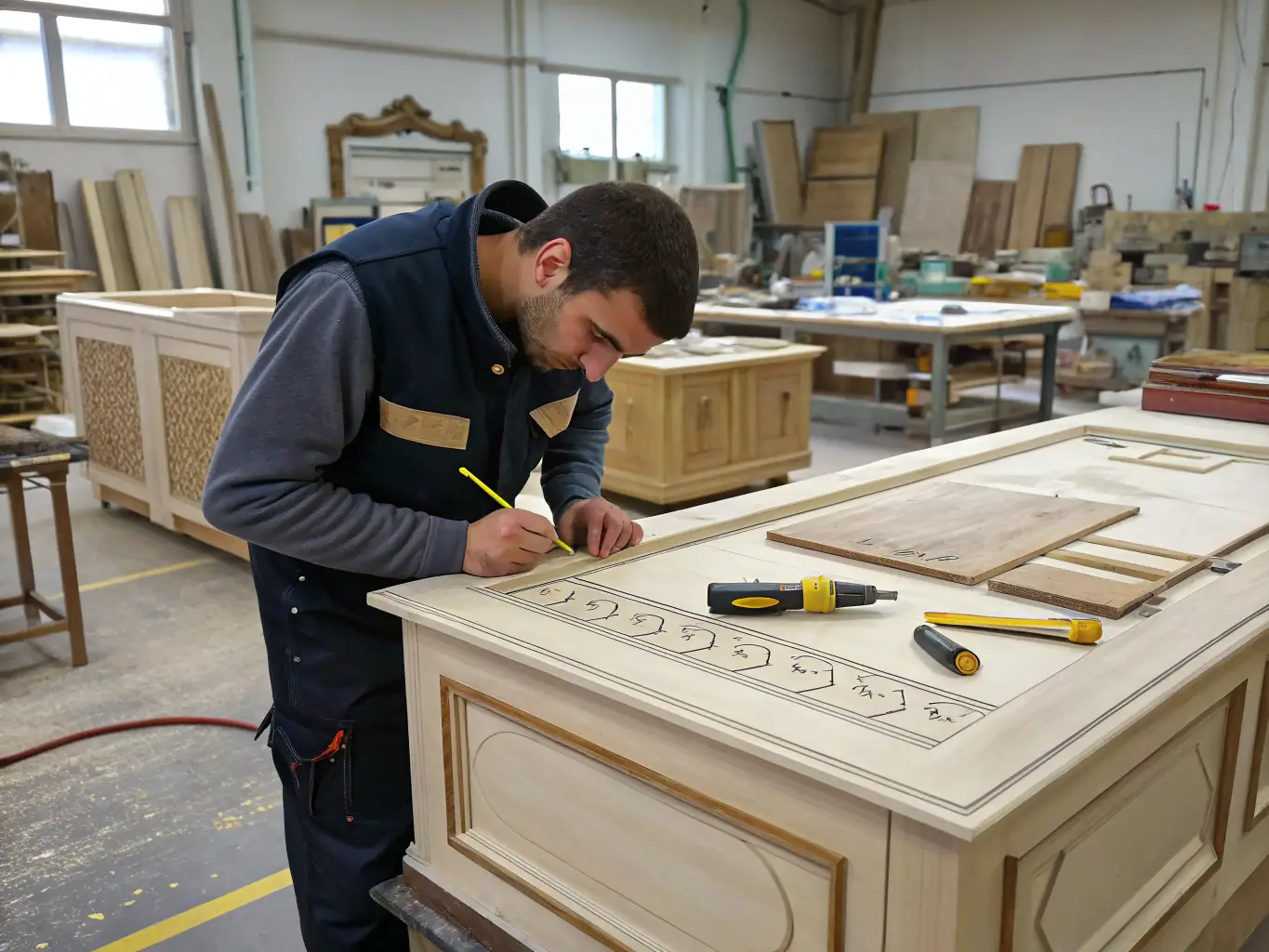 A detailed image of a quality control inspector examining a finished parquet flooring plank, ensuring it meets LEGO LA KASA's high standards.